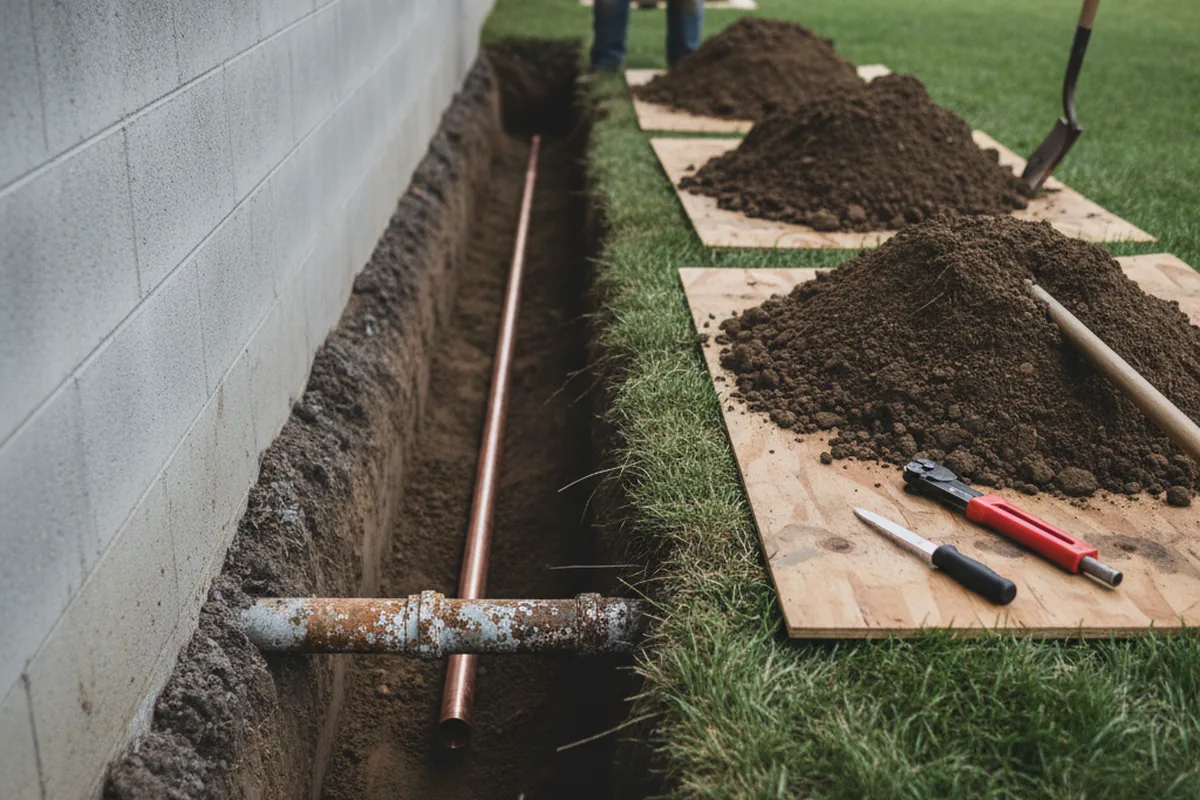 Excavated water line trench during Water Softener Installation in Levasy